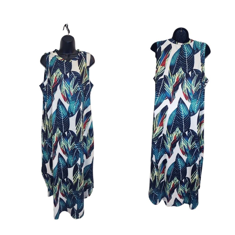 [XL] NEW Zilcremo Tropical Leaf Pattern Sleeveless Maxi Dress L-XL Pockets NWT